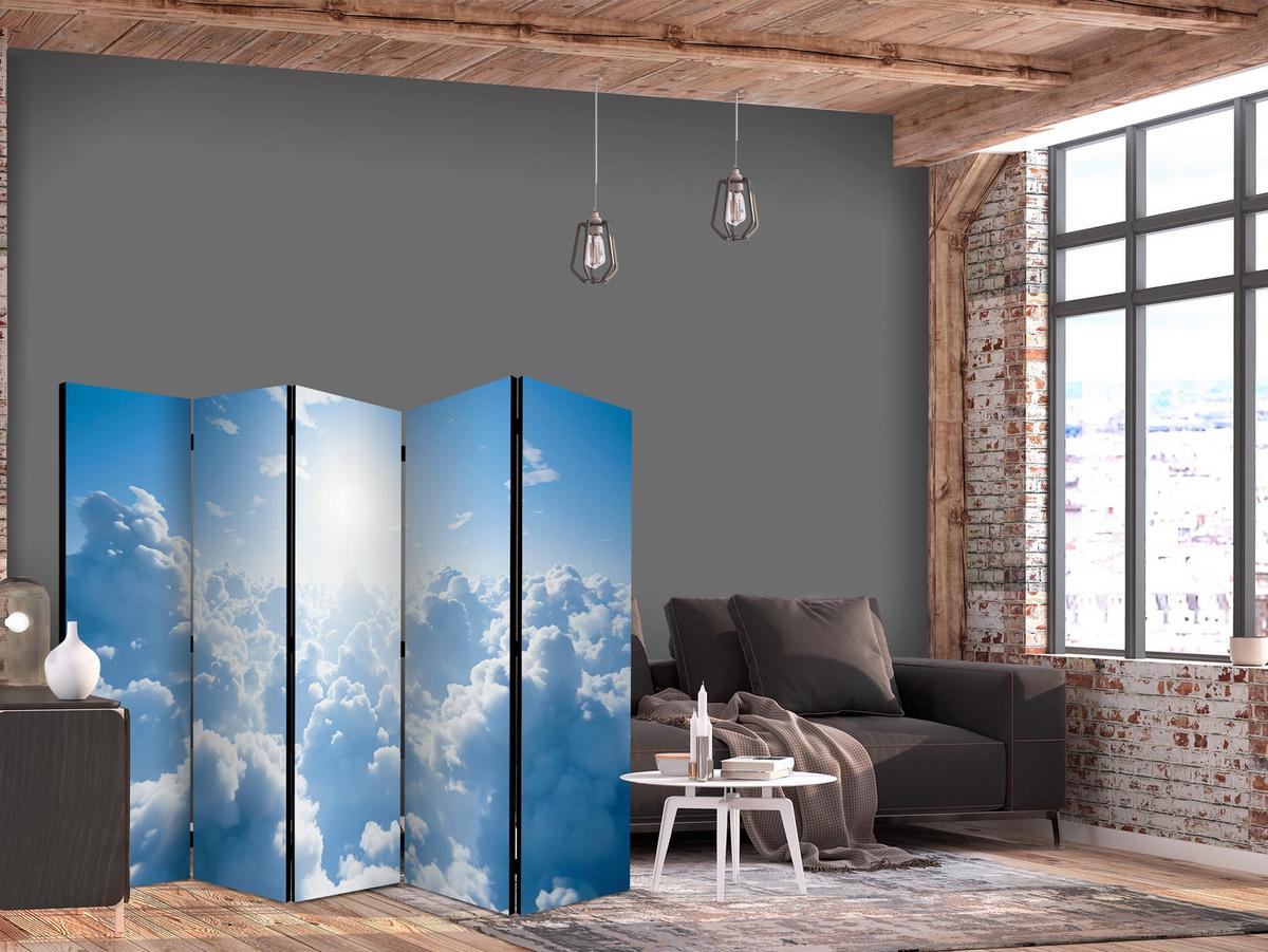 PARAVENT Akustik 5-tlg 225x172 cm Sonne Himmel und Wolken - Blau, Holz/Textil (225/172/3cm) - Muralo