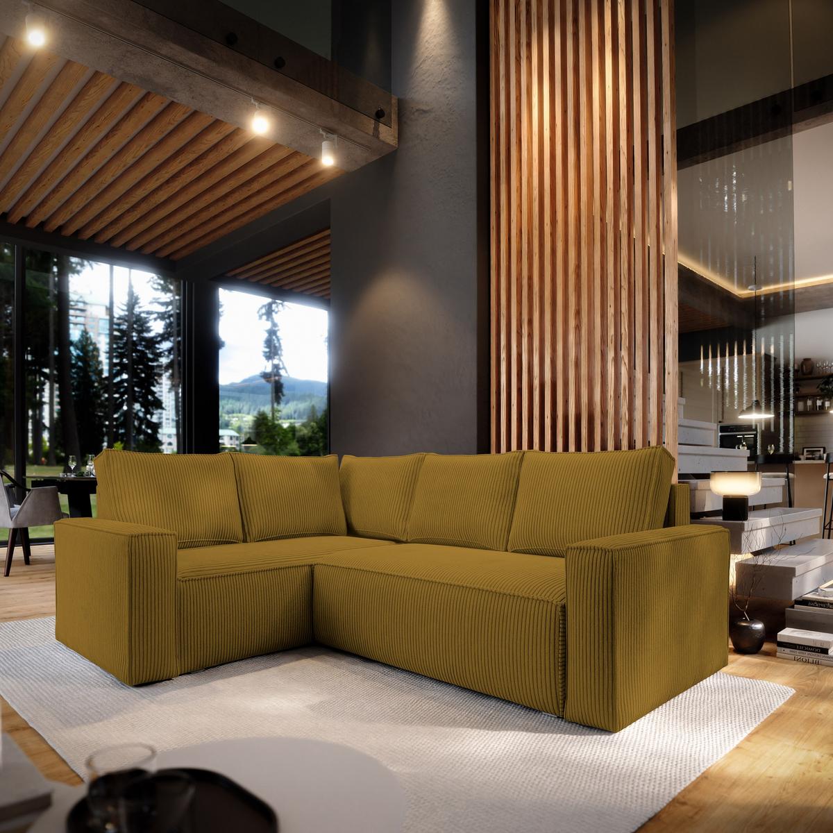ECKSOFA ESTANO L-S Gelb Kordstoff mit Schlaffunktion - Gelb, Holz (230/158cm) - MASSENO