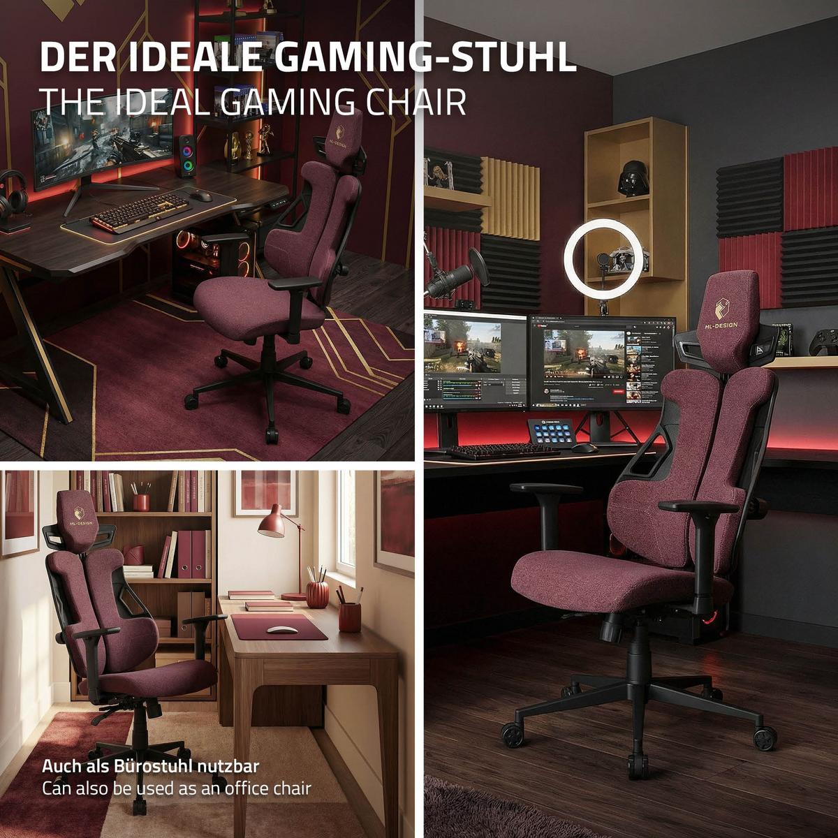 GAMINGSTUHL mit Stoffbezug in Rot Individuell Einstellbar - Rot/Schwarz, Kunststoff/Textil (69/142/68cm) - ML-DESIGN