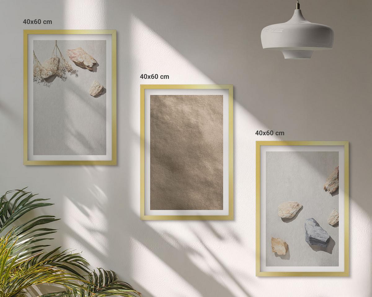 BILDER SET 3er Set - 40x60 cm Goldrahmen - Steine Strand natürliche Strukturen - Goldfarben, Kunststoff (40/60cm) - TULUP