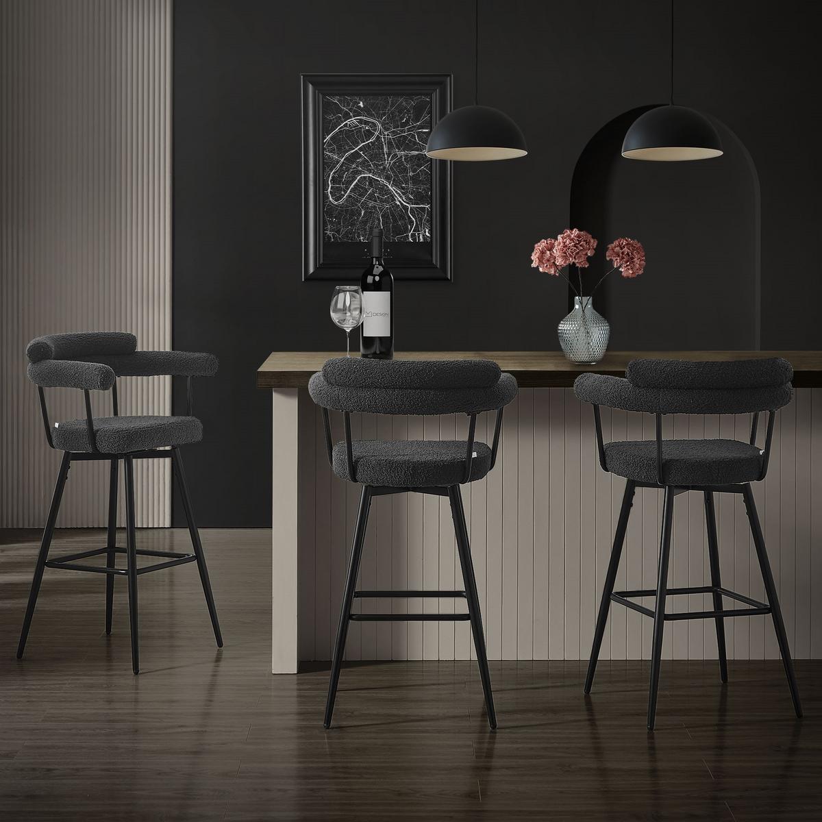 BARHOCKER 2er Set drehbar Dunkelgrau mit Teddy-Stoff 76 cm hoch - Dunkelgrau/Schwarz, Textil/Metall (61/103/55cm) - ML-DESIGN