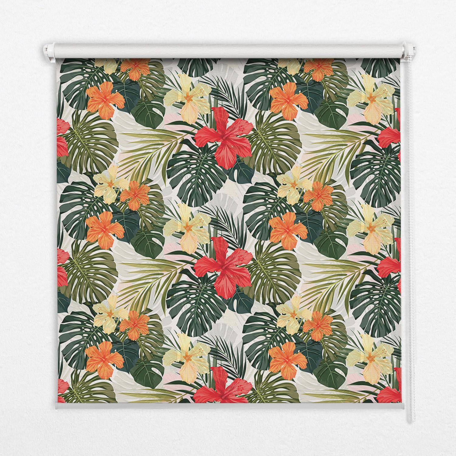 INNENROLLO - Fensterrollo - Rollo - 140x140 cm - Tropische Blumen und Blätter - Rot, Kunststoff (140/140/0.5cm) - TULUP
