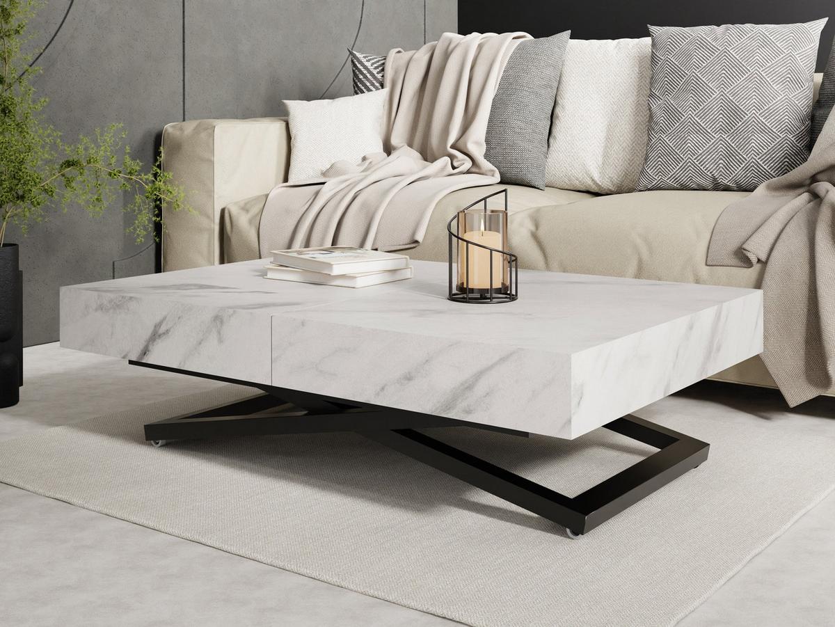COUCHTISCH Cavetta X höhenverstellbar ausziehbar, Marmor Weiß 120-200/80/27-76 cm - Ecru/Schwarz, Holzwerkstoff/Metall (80/200/76cm) - WFL GROUP
