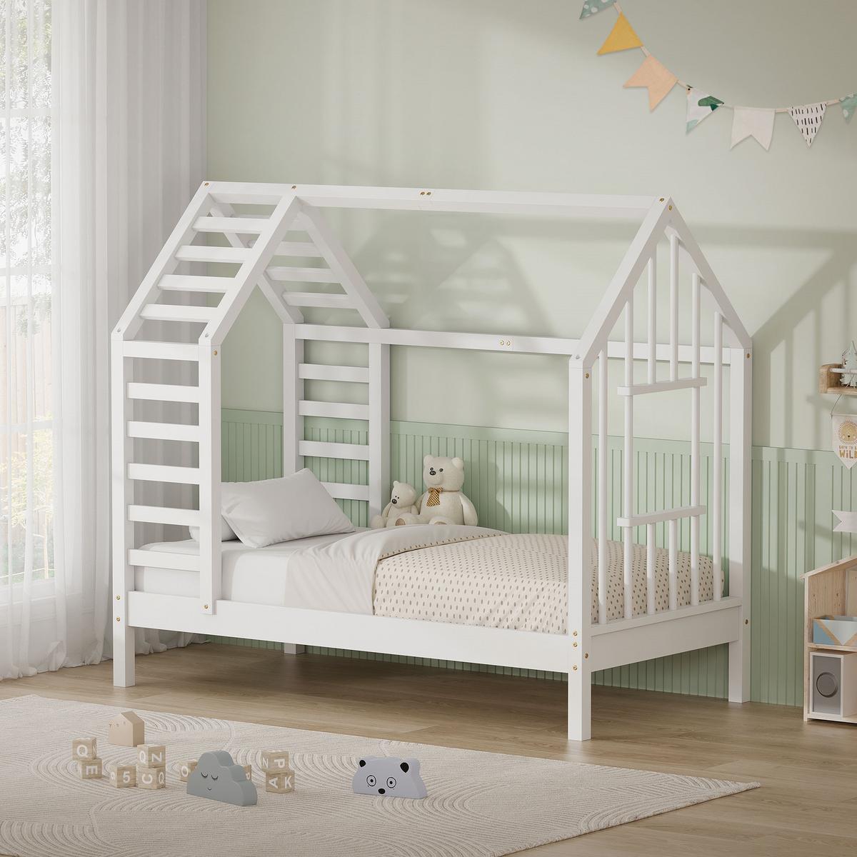 KINDERBETT 70x140 cm mit Lattenrost Dach und Fenster Hausbett aus massivem Kiefernholz Weiß - Weiß, Holz (70/140cm) - ML-DESIGN