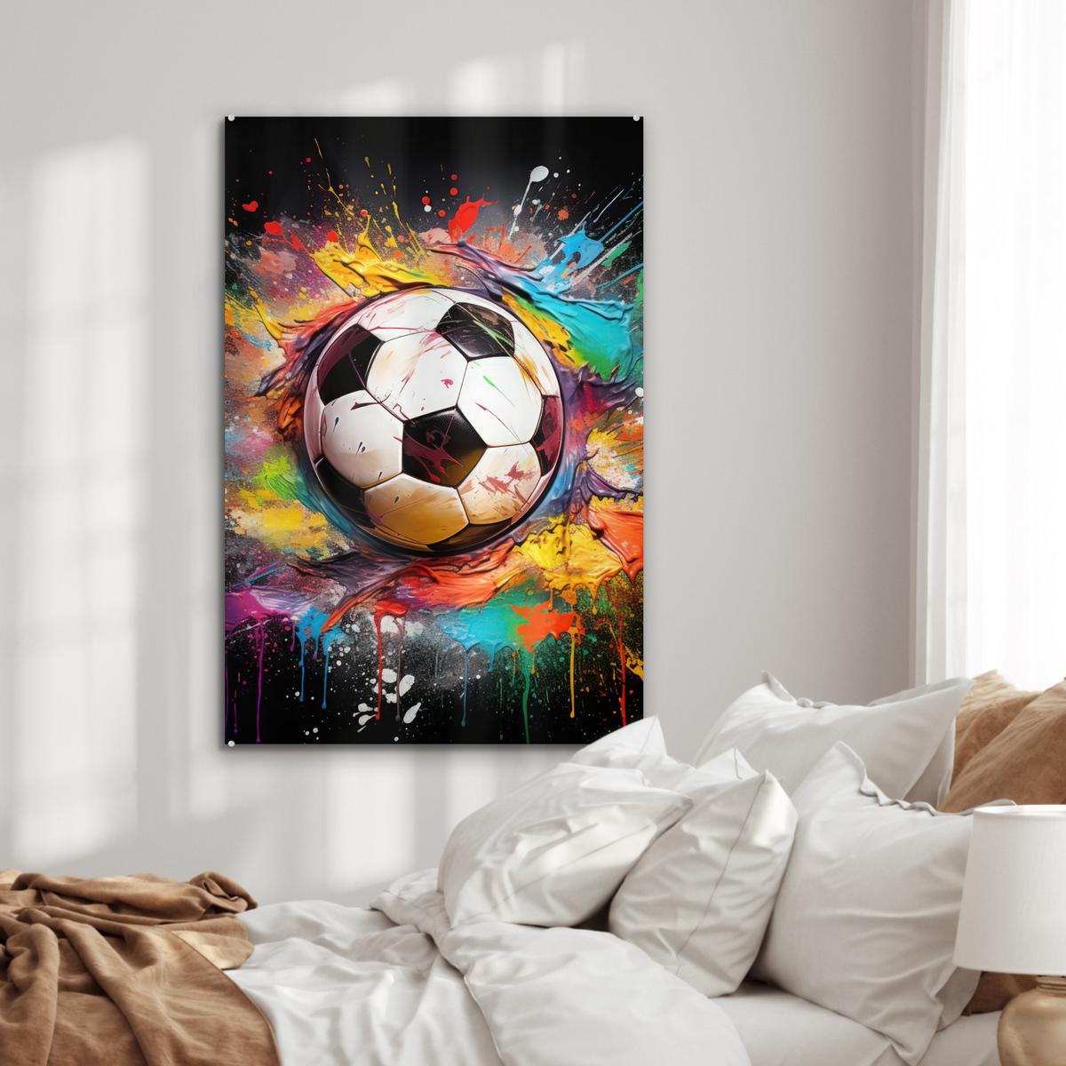 ACRYLGLASBILD Fußball - Farbe - Farben - Schwarz - Weiß 80x120 cm - Weiß, Glas (80/120cm) - MuchoWow