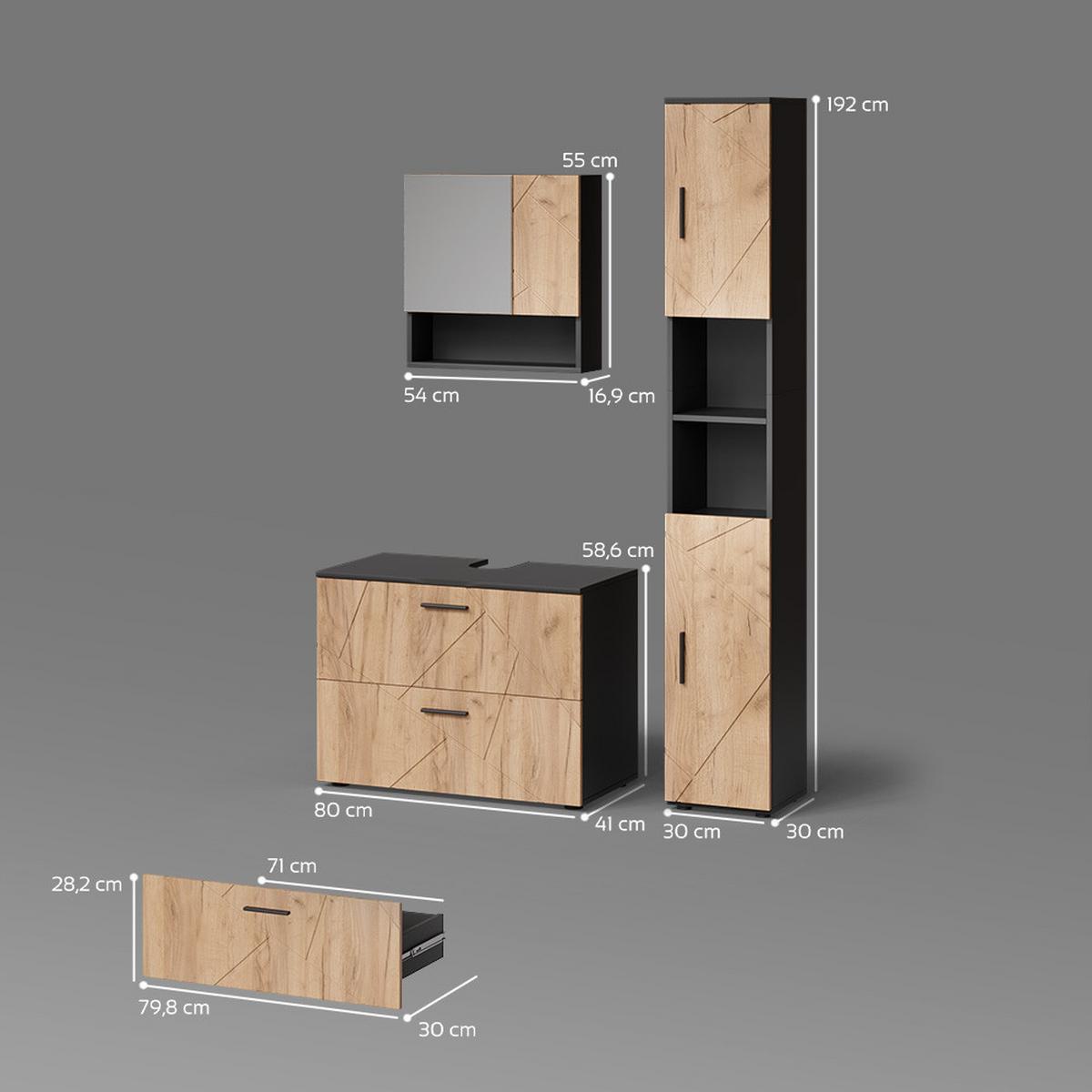 BADMÖBEL-SET Ronco Goldkraft Eiche/Anthrazit 3 Teile, mit Schubladenschrank und Hochschrank - Honigeiche/Anthrazit, Holzwerkstoff (80/58/41cm) - Livinity®