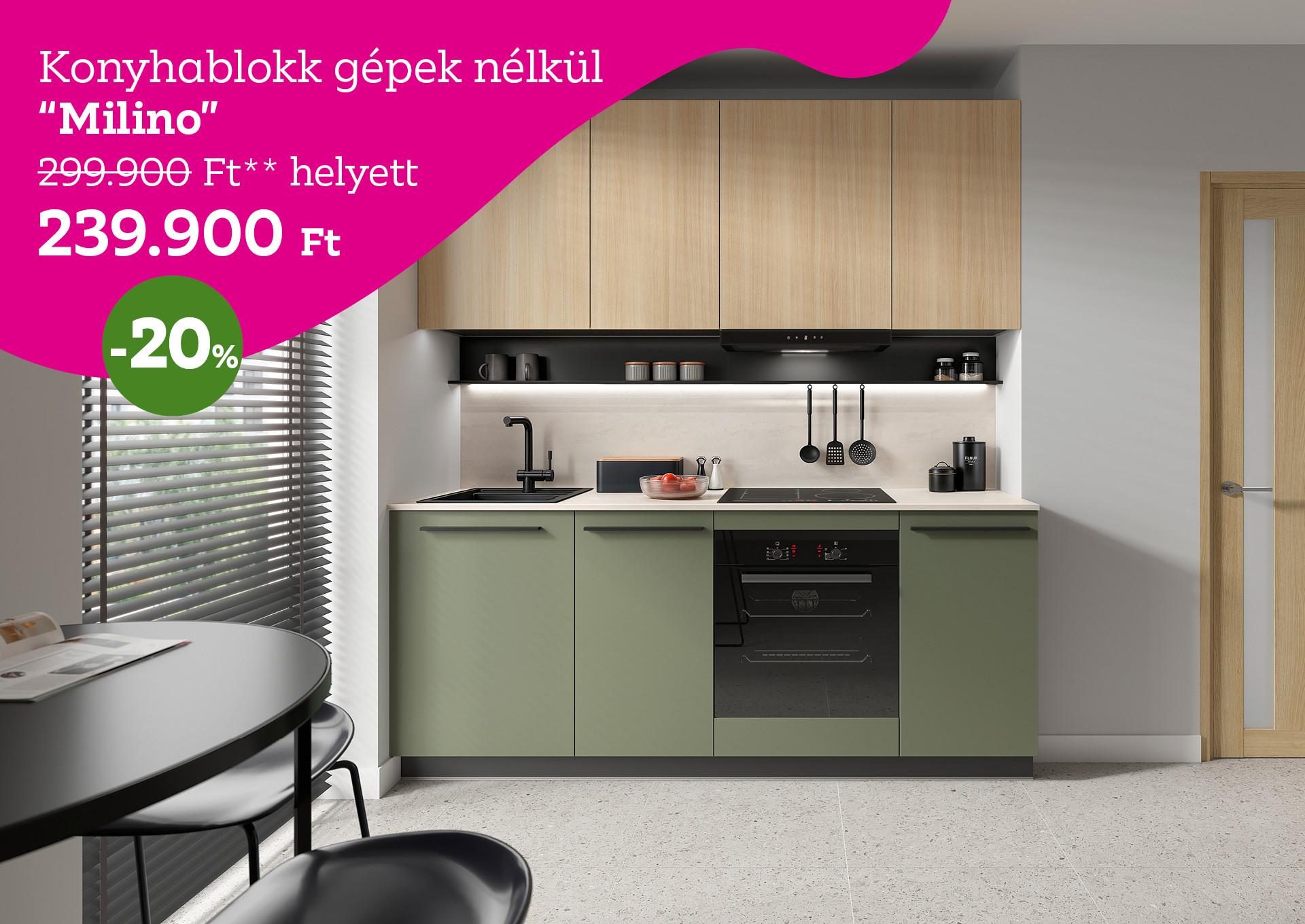 Konyhablokk Milino 299900 Forint helyett 239900 Forint, kedvezmény mértéke 20%