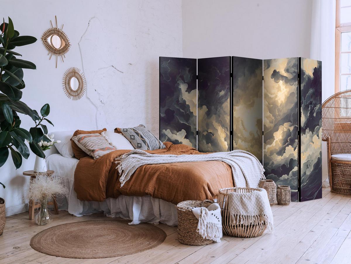 PARAVENT Einseitig Bedruckter 5-tlg 225x172 cm Wolken 3D Effekt - Grau, Holz/Textil (225/172/3cm) - Muralo