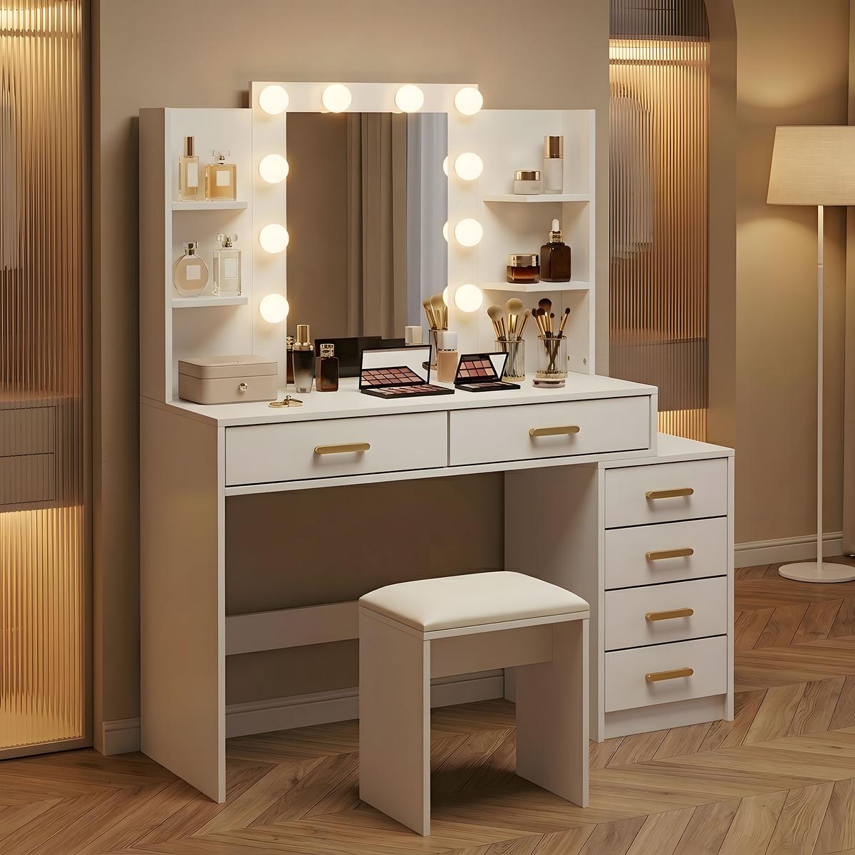 SCHMINKTISCH mit Hocker MDF Glas Weiß - Goldfarben/Weiß, Holzwerkstoff/Metall (40/140/120cm) - HOMCOM