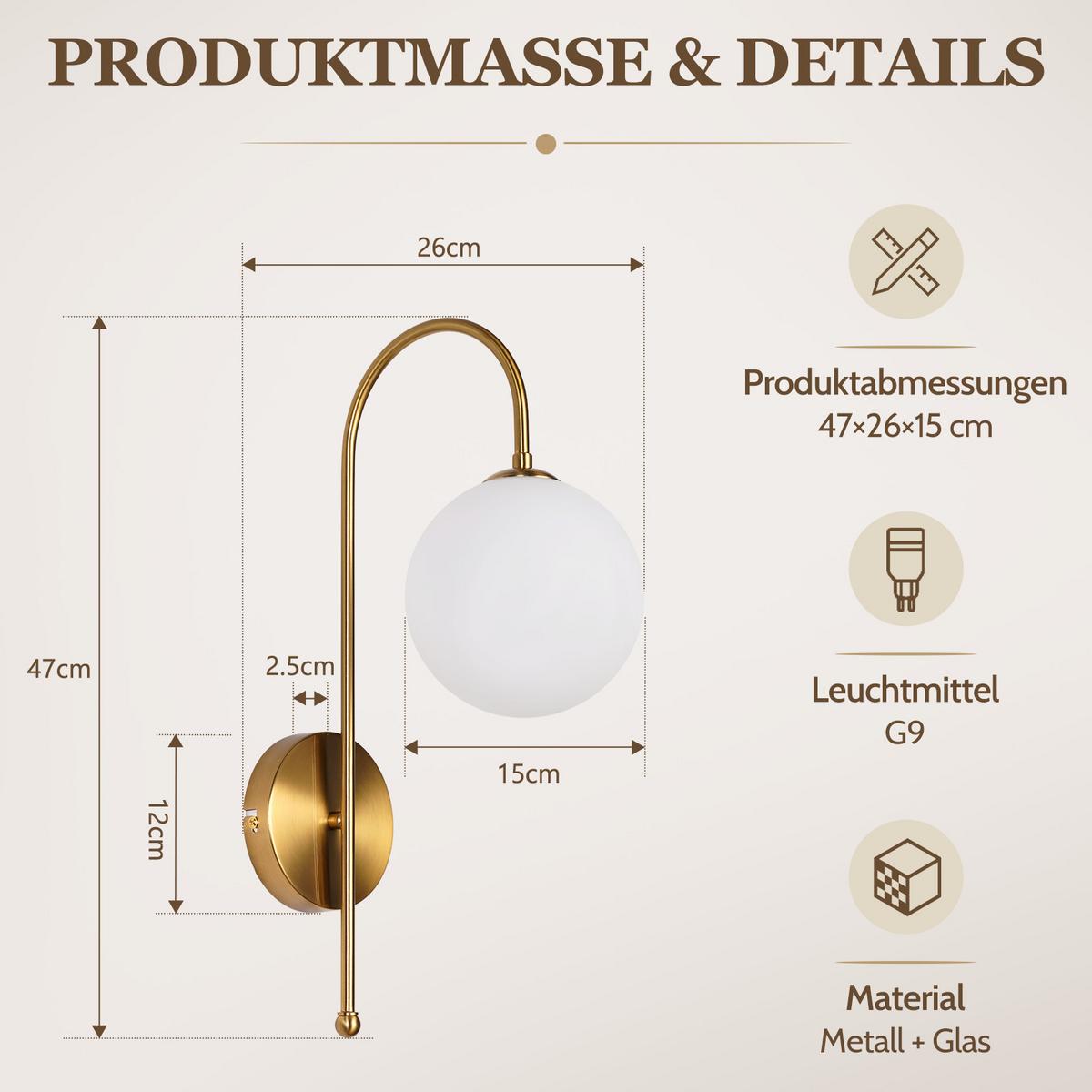 WANDLEUCHTE Myveth 26/15/47 cm - Goldfarben/Weiß, Glas/Metall (15/47/26cm) - ZMH
