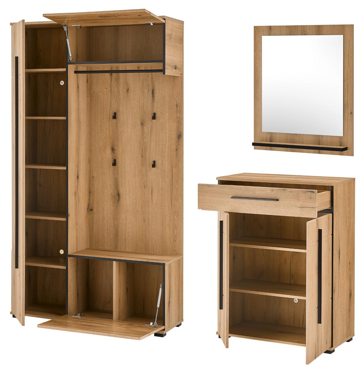 GARDEROBEN-SET Evoke Eiche 4-teilig 200 cm, Flurgarderobe mit viel Stauraum - Dunkelgrau/Eichefarben, Glas/Holzwerkstoff (201/200/39cm) - Furn.Design