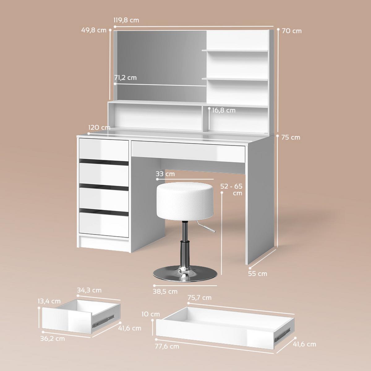 SCHMINKTISCH Imola Weiß 145 cm mit Hocker - Weiß, Holzwerkstoff (145/75/55cm) - Livinity®