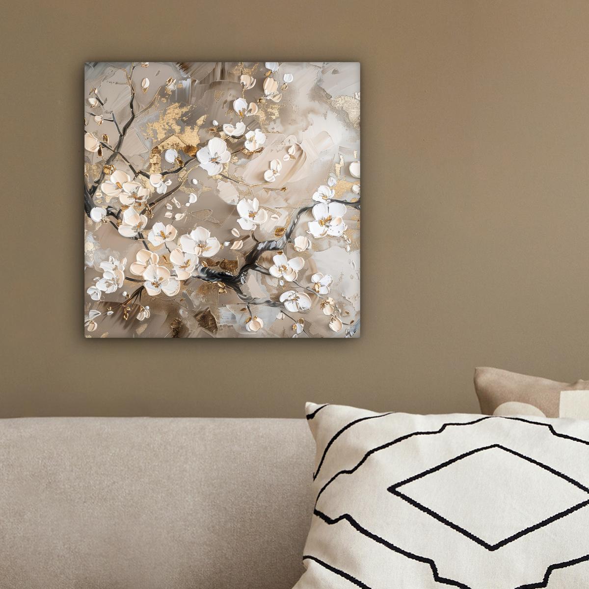 LEINWANDBILD Blumen - Weiß - Gold - Beige - Luxus Deko Wohnzimmer 20x20 cm - Greige, Textil (20/20cm) - MuchoWow