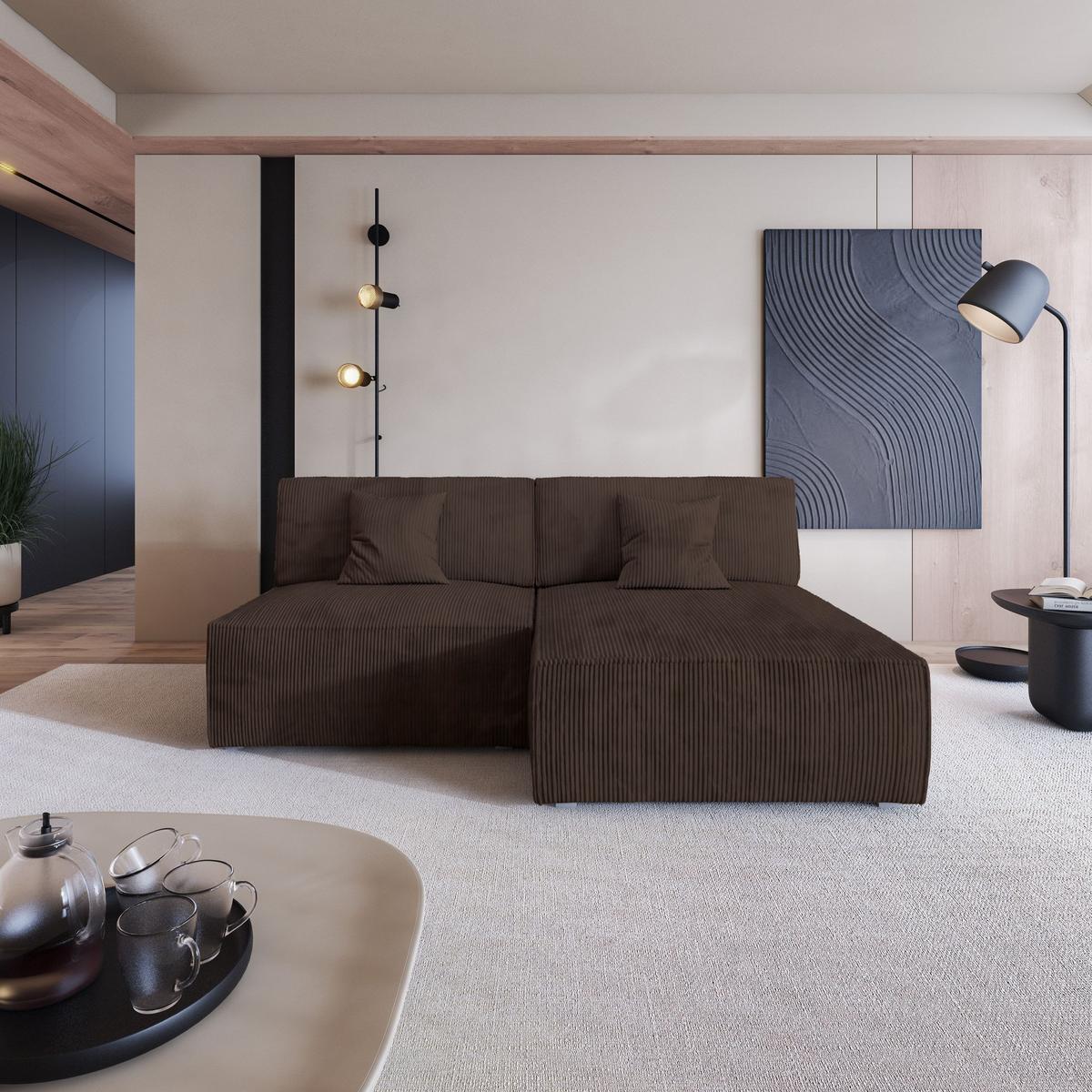 ECKSOFA FIORO P Braun Kordstoff mit Schlaffunktion - Braun/Grau, Holz/Kunststoff (204/148cm) - MASSENO