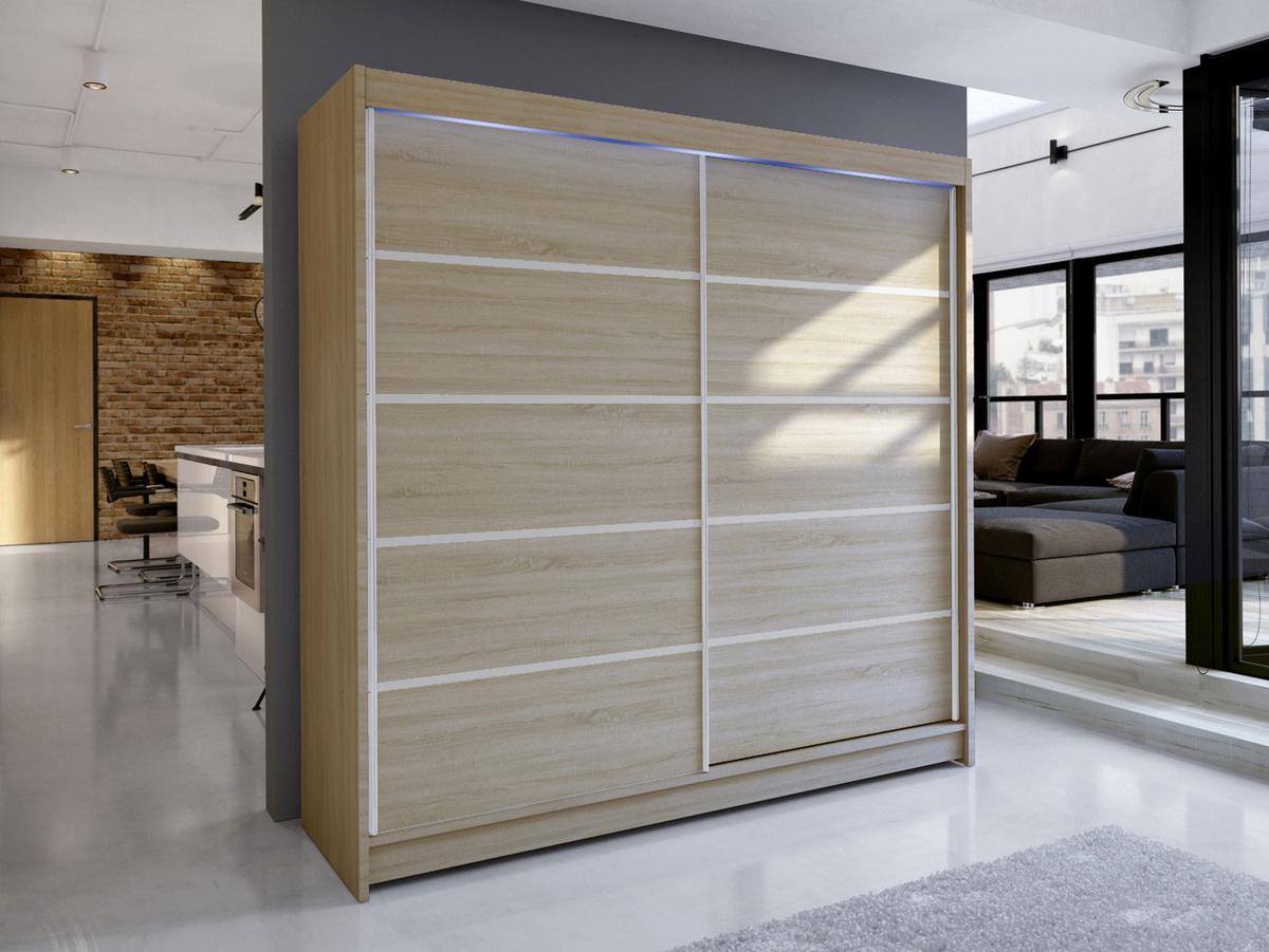 SCHWEBETÜRENSCHRANK Talin IV, mit RGB LED Beleuchtung - Silberfarben/Sonoma Eiche, Holzwerkstoff/Metall (180/215/58cm) - MIRJAN24