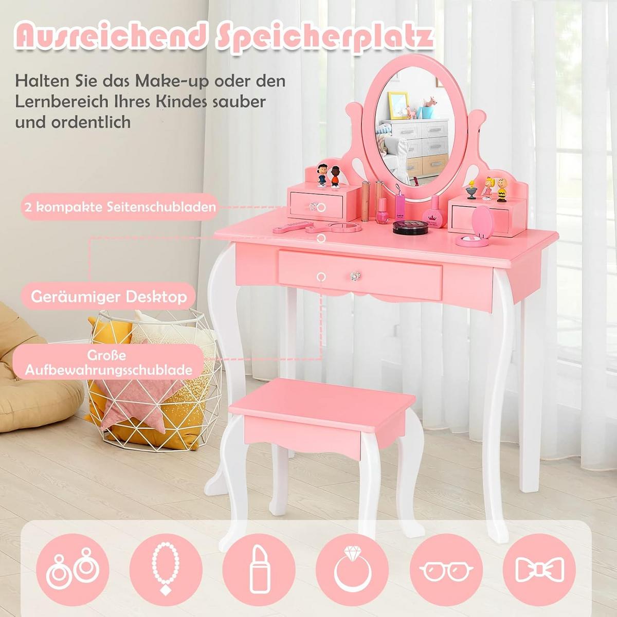 KINDER SCHMINKTISCH mit Hocker Pink - Pink, Holz (70/100/34cm) - COSTWAY