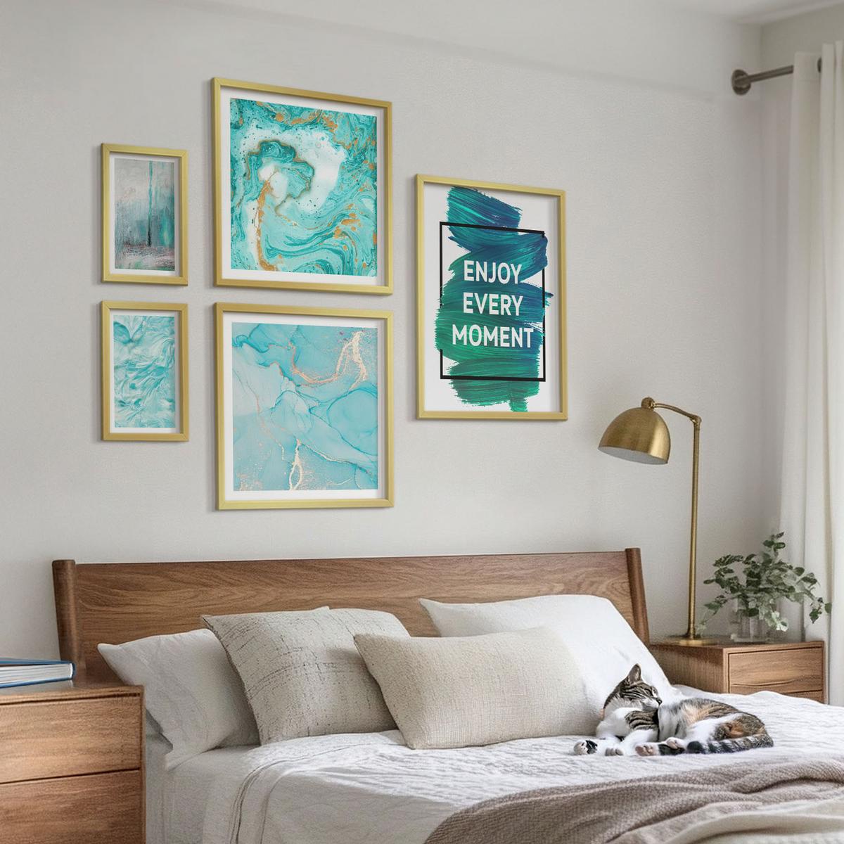 BILDER SET 5er Set - 50x50 cm & 20x30 cm & 40x60 cm Goldrahmen - Farbenfrohe Abstraktionen, Gesichter, Formen - Goldfarben, Kunststoff (40/60cm) - TULUP