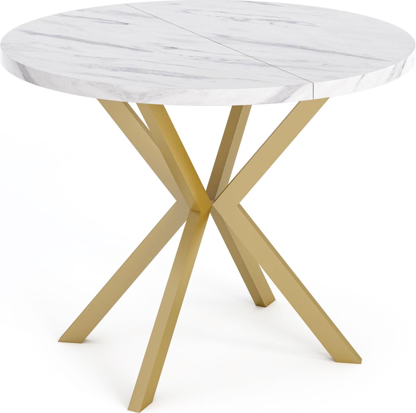 ESSTISCH Flora runder ausziehbarer, Marmor Weiß 100-180/100/76 cm - Ecru/Goldfarben, Holzwerkstoff/Metall (100/180/76cm) - WFL GROUP