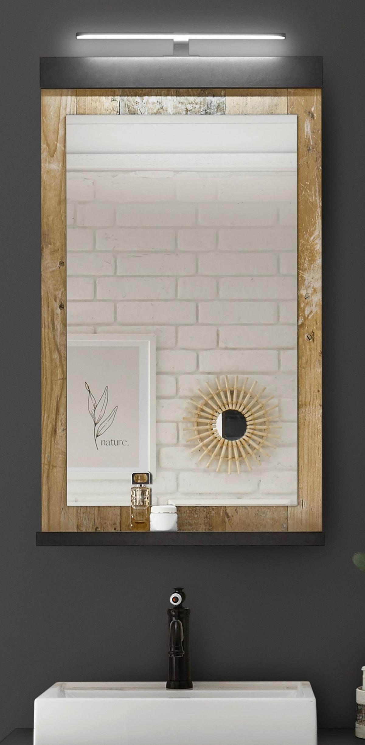 BADSPIEGEL Used Wood Anthrazit, Wandspiegel mit Ablage 56 x 95 cm - Eichefarben/Anthrazit, Holzwerkstoff (56/95/10cm) - Furn.Design