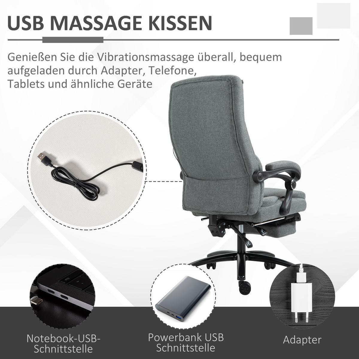 MASSAGEBÜROSTUHL Drehstuhl mit Fußstütze höhenverstellbar Leinen-Gefühl Grau - Grau, Kunststoff (74/117/64cm) - Vinsetto