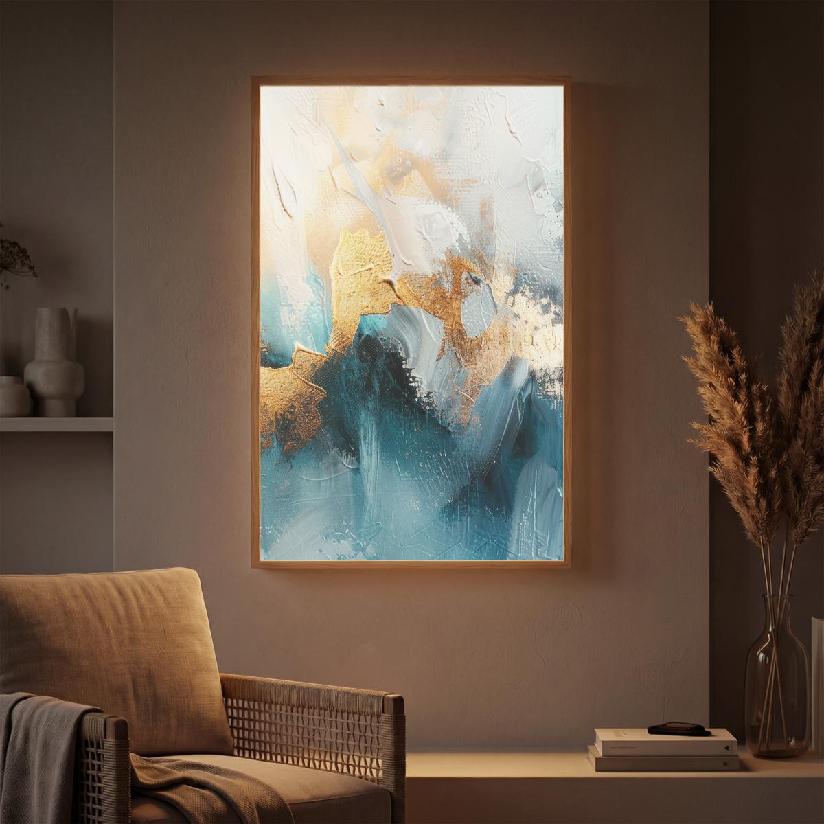WANDLEUCHTE MIT AKKU Abstrakt - Kunst - Gold - Blau 70x100 cm - Türkis, Holzwerkstoff (70/100/8cm) - OnlyWow