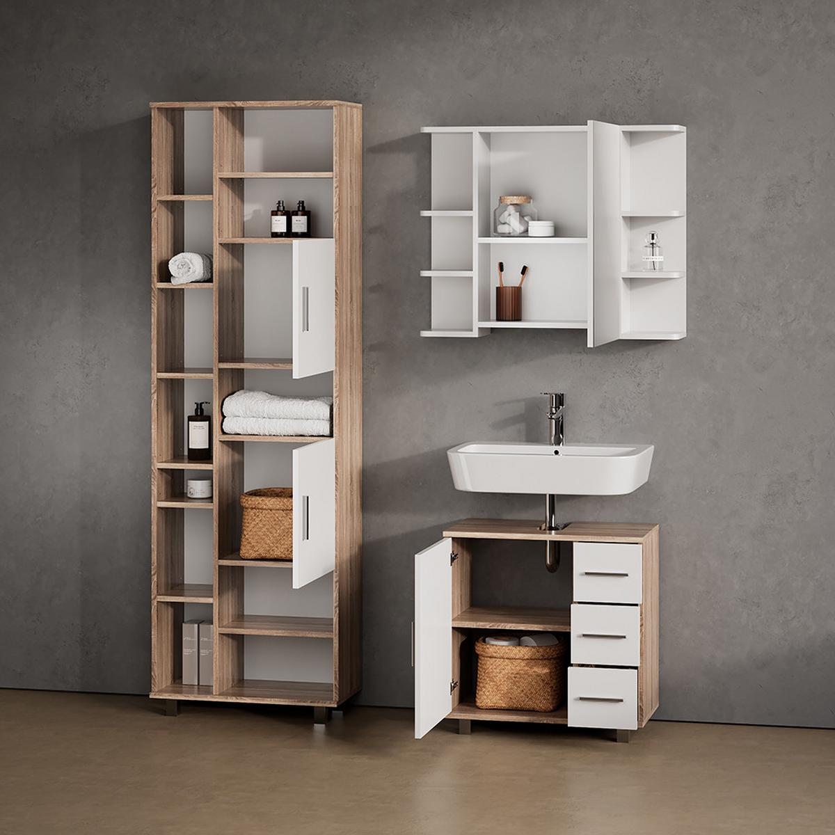 BADMÖBEL-SET Eisak Sonoma 3 Teile, mit Hochschrank - Sonoma Eiche, Holzwerkstoff (60/60/33cm) - Livinity®