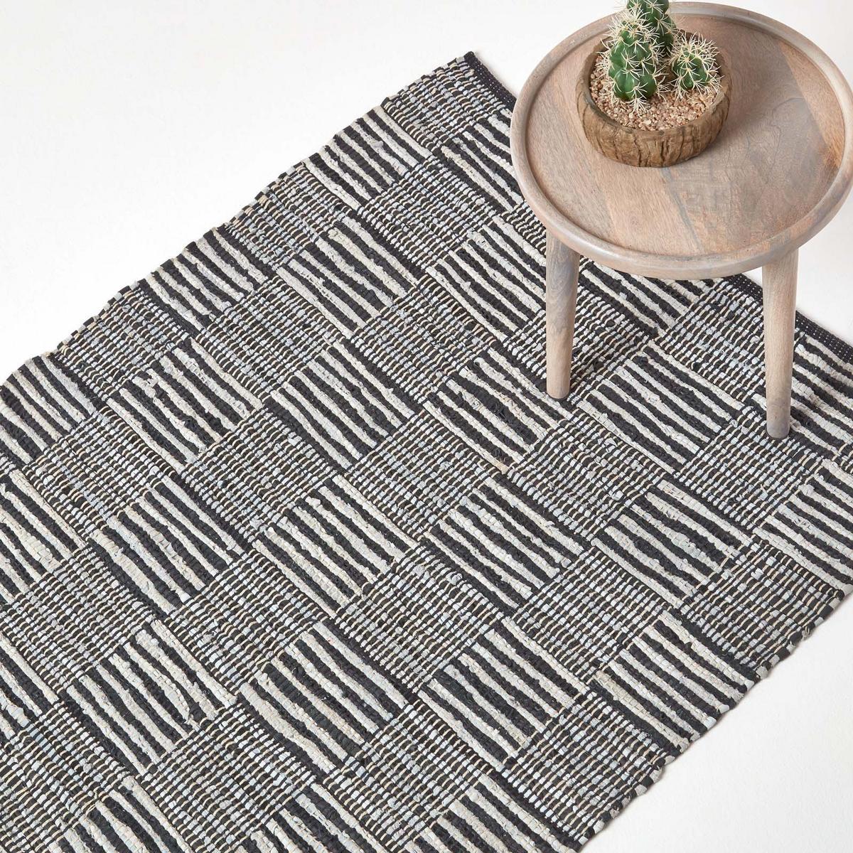 LEDERTEPPICH geometrisch mit Webmuster 150/240 cm - Schwarz, Leder (150/240cm) - Homescapes