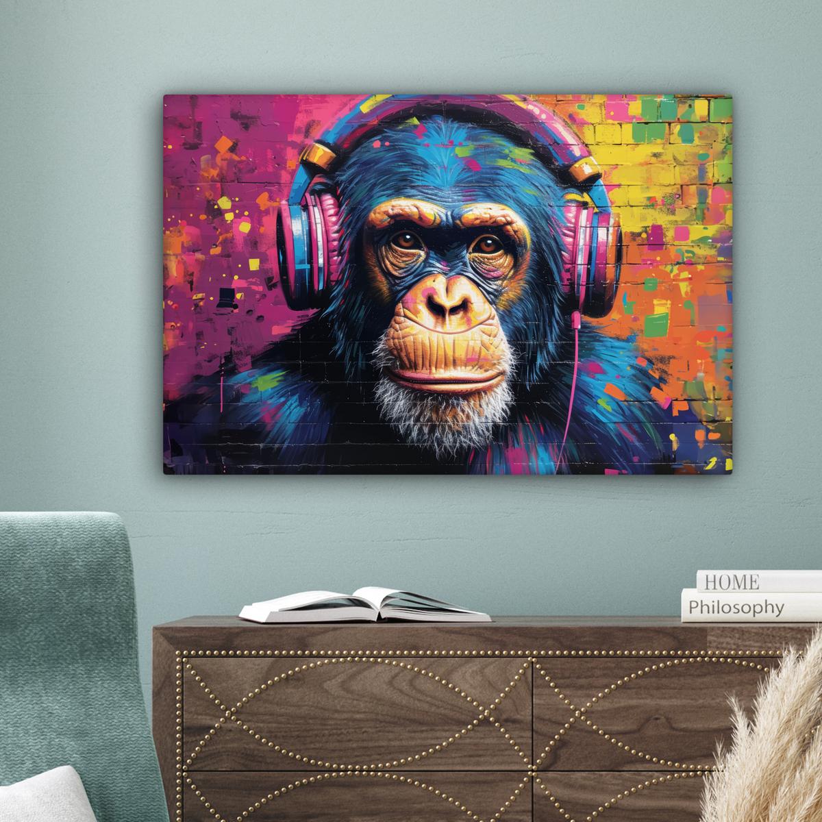 LEINWANDBILD Graffiti - Schimpanse - Straßenkunst - Kopfhörer - Affe XXL 150x100 cm - Blau, Textil (150/100cm) - MuchoWow