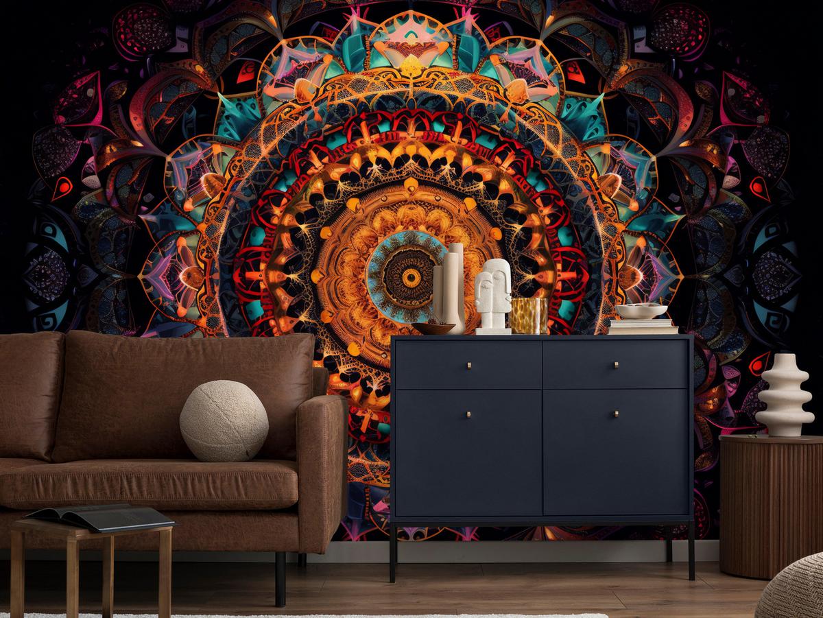 FOTOTAPETE für Schlafzimmer Bunte Mandala Vintage Orientalisch Harmonisch 500x350 - Gelb/Rot, Papier (500/350cm) - Muralo