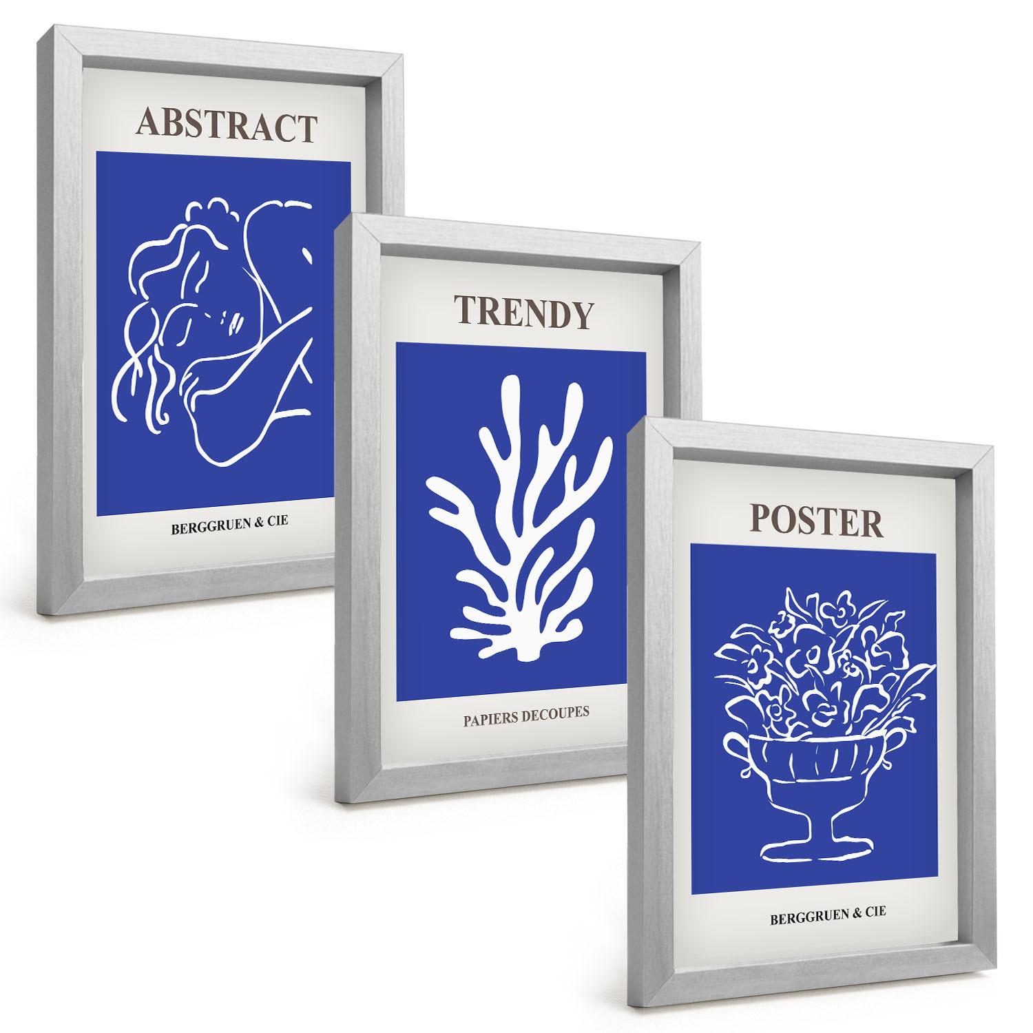 BILDER SET 3er Set - 20x30 cm Silberner Rahmen - Stilvolle blaue Poster - Silberfarben, Kunststoff (20/30cm) - TULUP