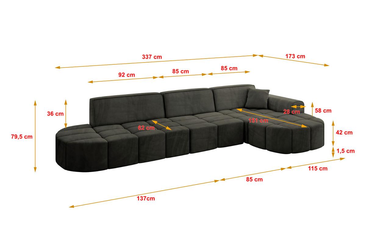 ECKSOFA Ottomane Rechts LIVO-L2 - 337x173x79,5 cm Schwarz - Schwarz, Holzwerkstoff/Textil (337/173cm) - ALTDECOR