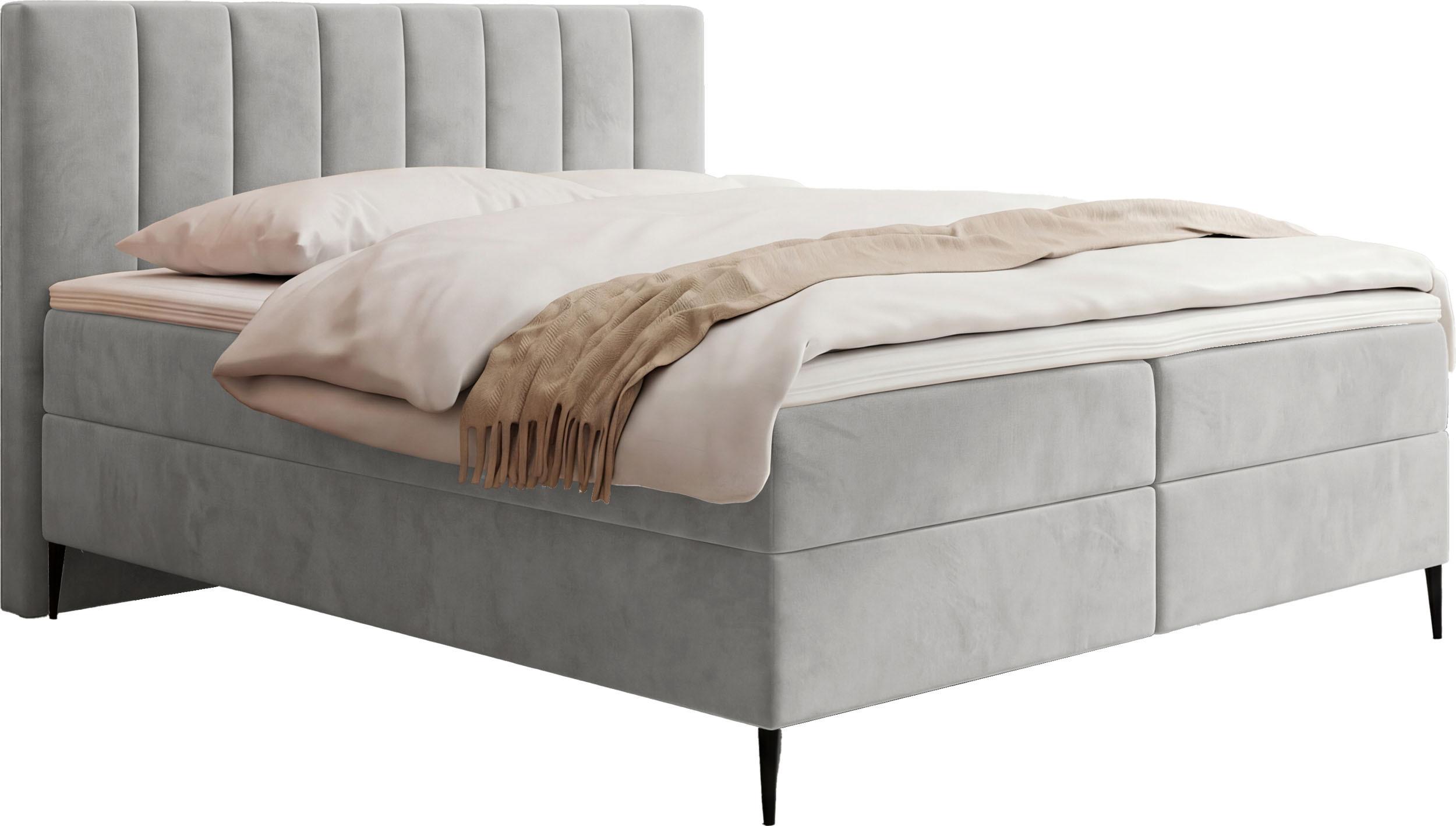 BOXBETT Allen mit Bettkasten, Samt Hellgrau 140x200 cm – inkl. H4 Taschenfederkern Matratze & Foam Topper - Hellgrau/Schwarz, Holz/Textil (140/200cm) - WFL GROUP