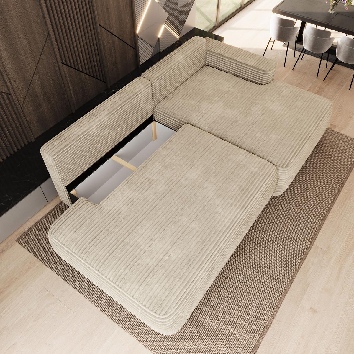 ECKSOFA AVINI T R-S Creme Kordstoff mit Schlaffunktion - Creme, Holzwerkstoff/Textil (277/160cm) - MASSENO