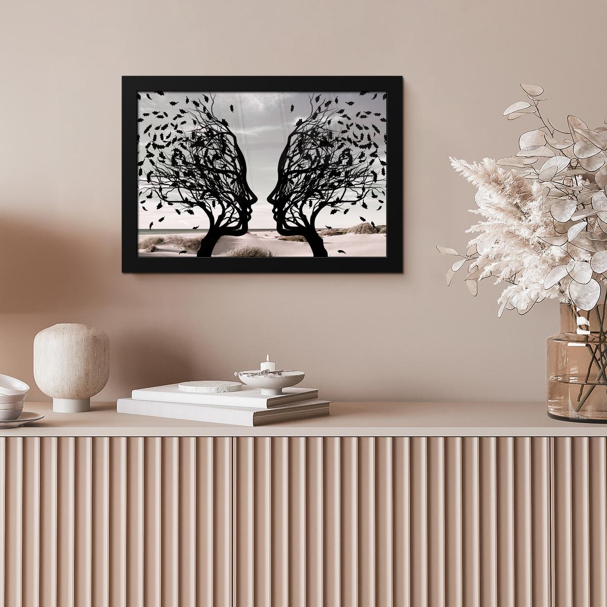 POSTER MIT RAHMENGERAHMTES BILD Strand - Meer - Menschen - Baum - Moderne Kunst 30x20 cm - Hellgrau, Papier (30/20cm) - MuchoWow