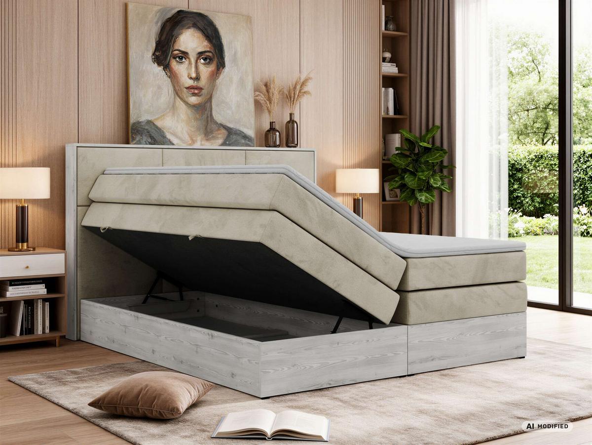 BOXSPRINGBETT DELNOR KING 140/200 - Beige Velvet - Topper Visco - H3 - Beige/Schwarz, Kunststoff/Textil (140/200cm) - MKS
