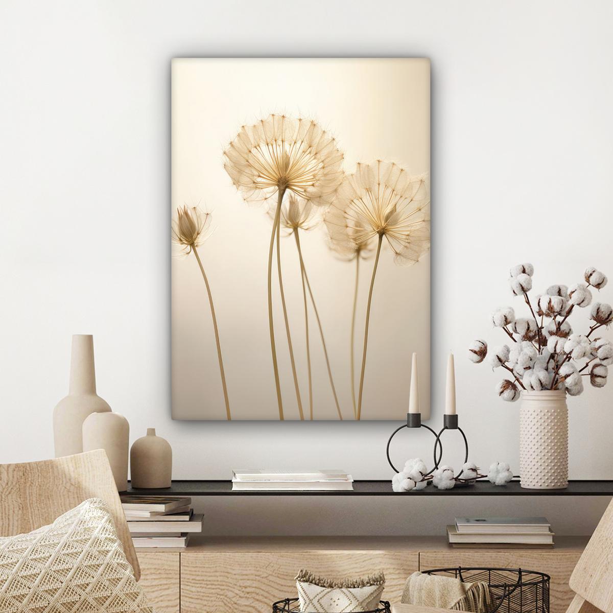 LEINWANDBILD Sonnenlicht - Löwenzahn - Botanisch - Blumen Wandbild Wohnzimmer 60x80 cm - Creme, Textil (60/80cm) - MuchoWow