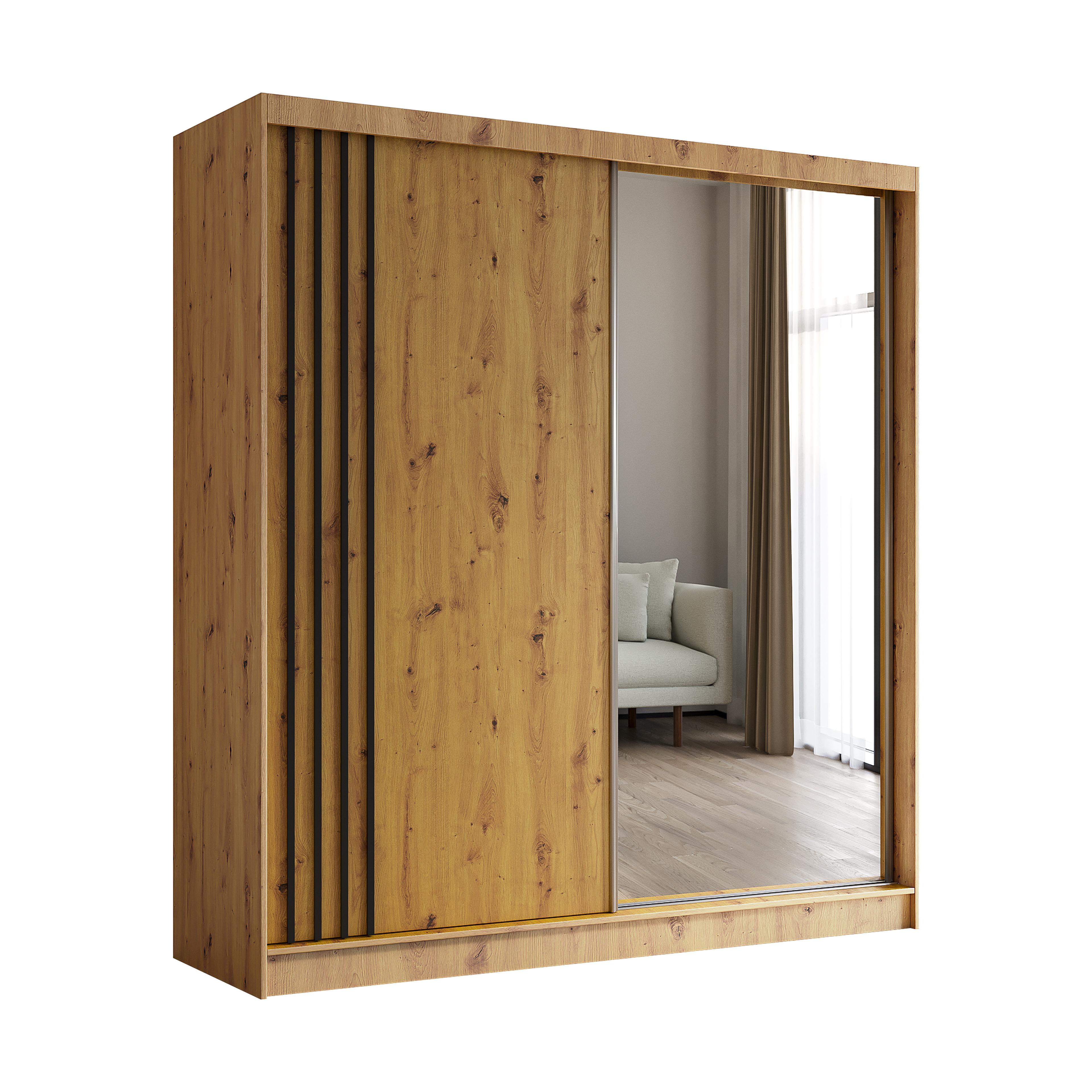 KLEIDERSCHRANK mit Spiegel-Schiebetüren und Aluminium-Leisten, LED-Beleuchtung - NALLA - 200 cm Artisan+Artisan+Schwarz - Schwarz/Eiche Artisan, Holzwerkstoff (200/216/61cm) - ALTDECOR