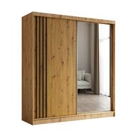 KLEIDERSCHRANK mit Spiegel-Schiebetüren und Aluminium-Leisten, LED-Beleuchtung - NALLA - 200 cm Artisan+Artisan+Schwarz - Schwarz/Eiche Artisan, Holzwerkstoff (200/216/61cm) - ALTDECOR