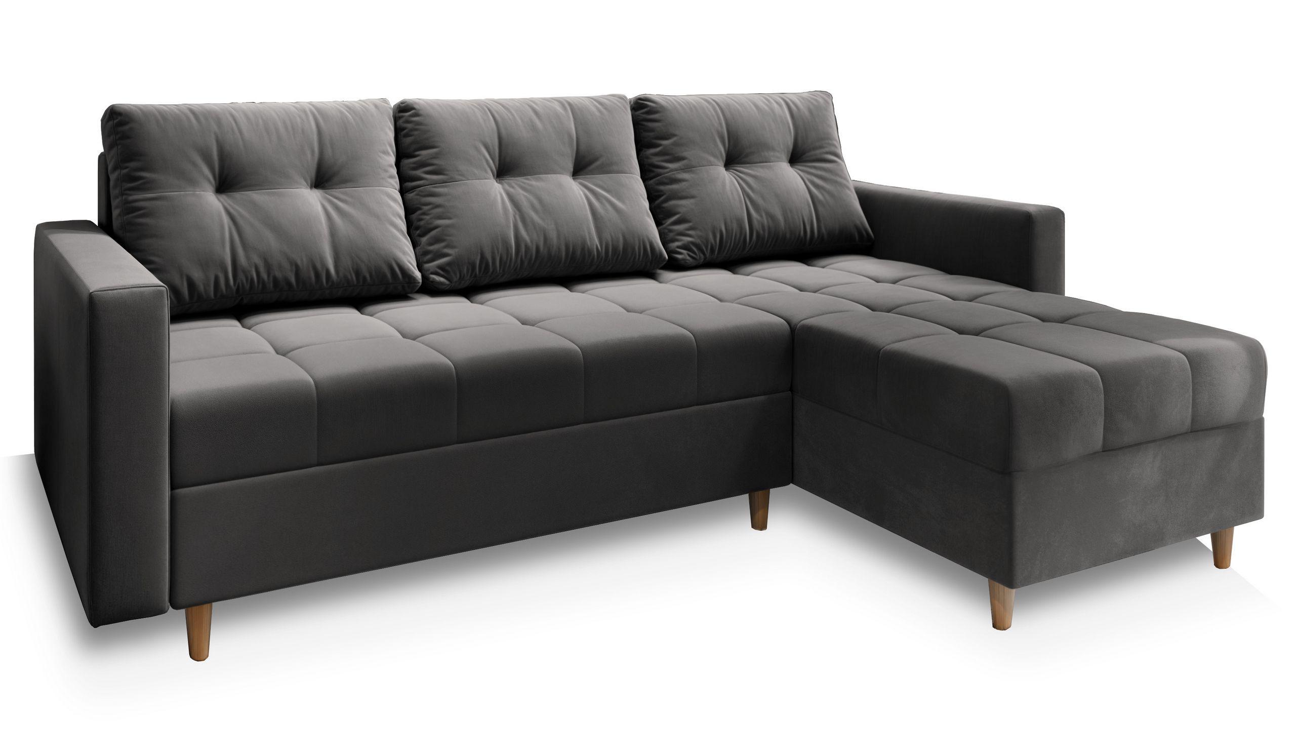 ECKSOFA MILO L Grau Plüsch-Stoff mit Schlaffunktion - Braun/Grau, Holz/Textil (220/140cm) - MASSENO