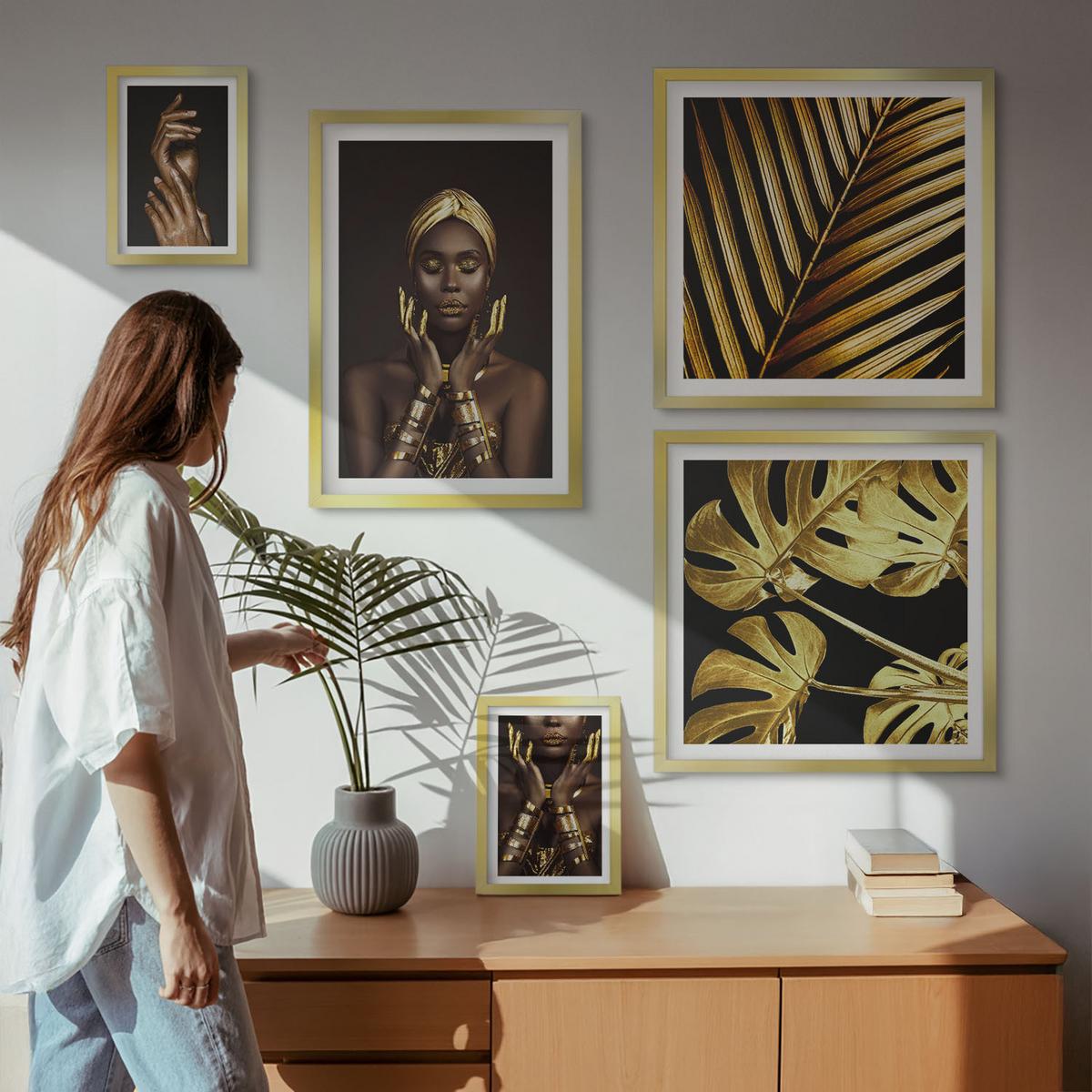 BILDER SET 5er Set - 50x50 cm & 20x30 cm & 40x60 cm Goldrahmen - Künstlerische Porträts von Frauen - Goldfarben, Kunststoff (40/60cm) - TULUP