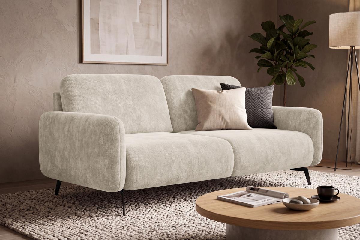 SOFA FEBE 3-Sitzer, cremefarbener Chenille-Stoff - Creme/Schwarz, Holz/Textil (190/82/96cm) - Wozimo