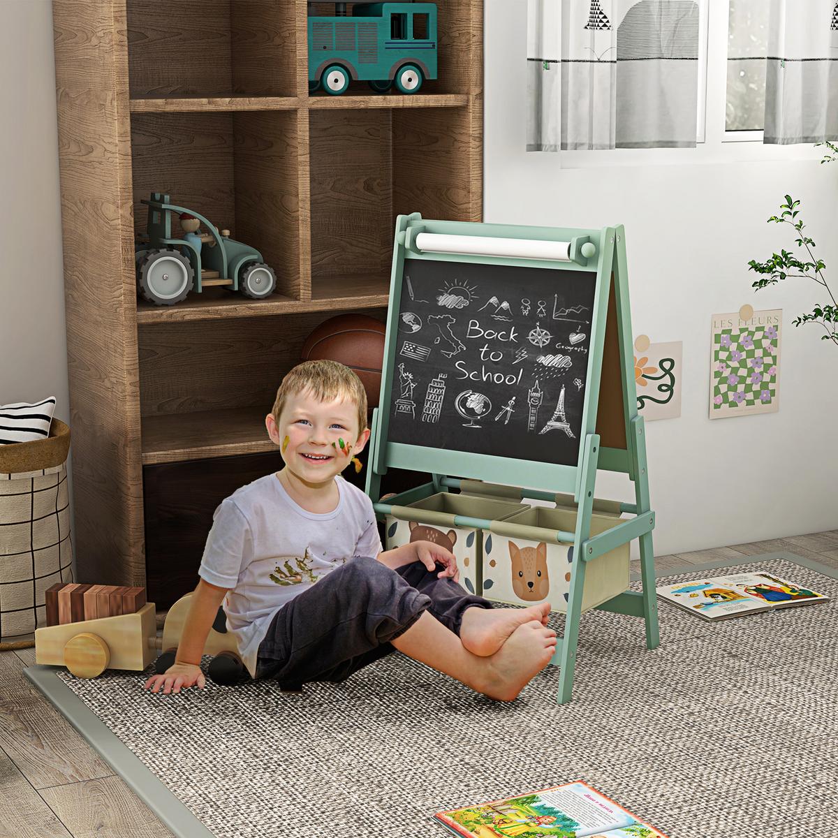 KINDERTAFEL, 3 in 1 Kinder Staffelei, Doppelseitige Standtafel mit Papierrolle - Grün, Holzwerkstoff (46.5/93/54cm) - AIYAPLAY