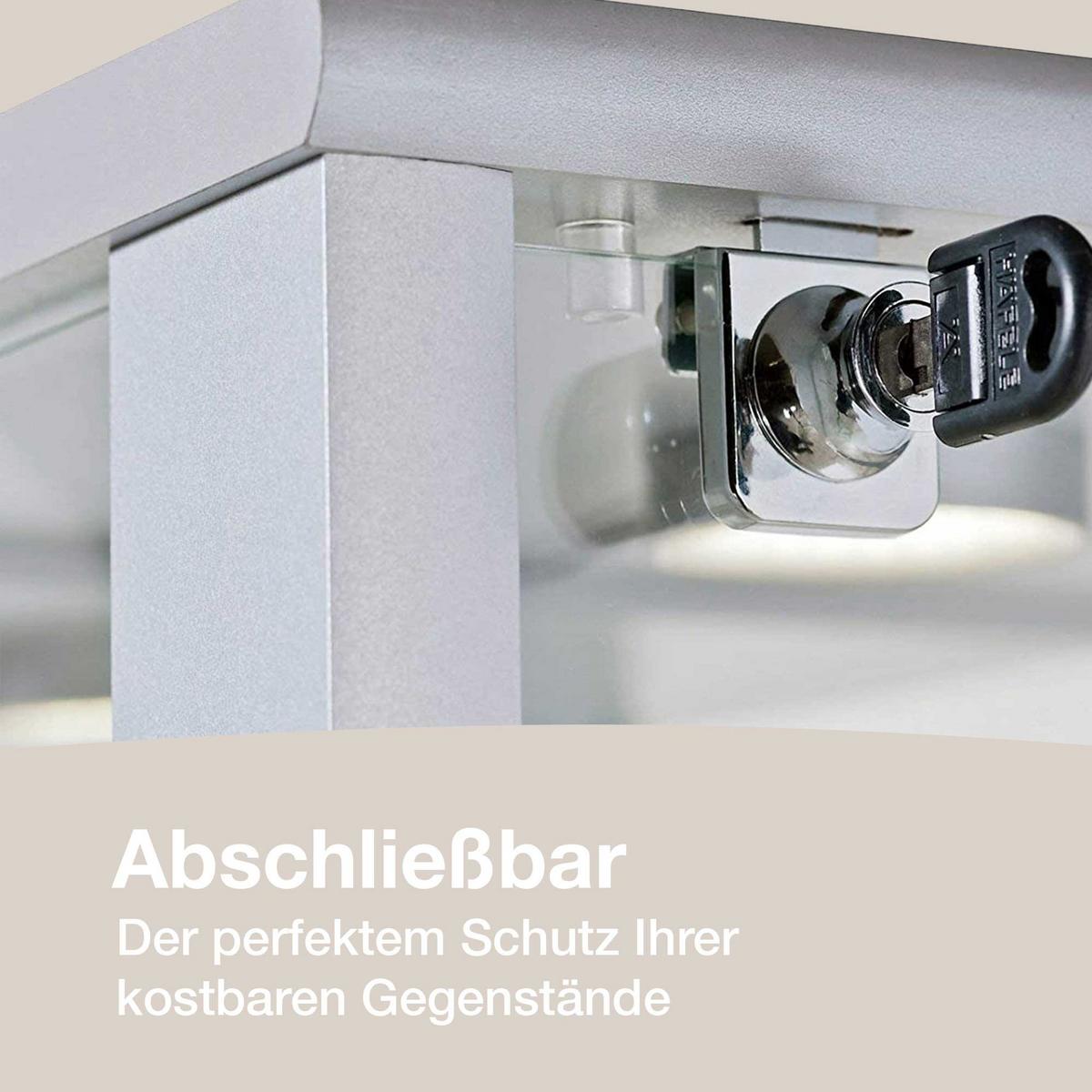 VITRINE 33/67/176 cm mit Spiegel, LED, Schloss & 4 höhenverstellbaren Glasböden - Transparent/Silberfarben, Glas/Holzwerkstoff (67/176/33cm) - K-Möbel
