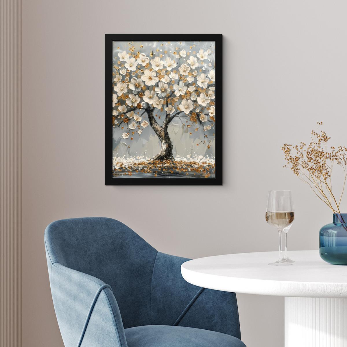 POSTER MIT RAHMEN Baum - Blumen - Weiß - Natur - Kunst Bilderrahmen 30x40 cm - Weiß, Papier (30/40cm) - MuchoWow