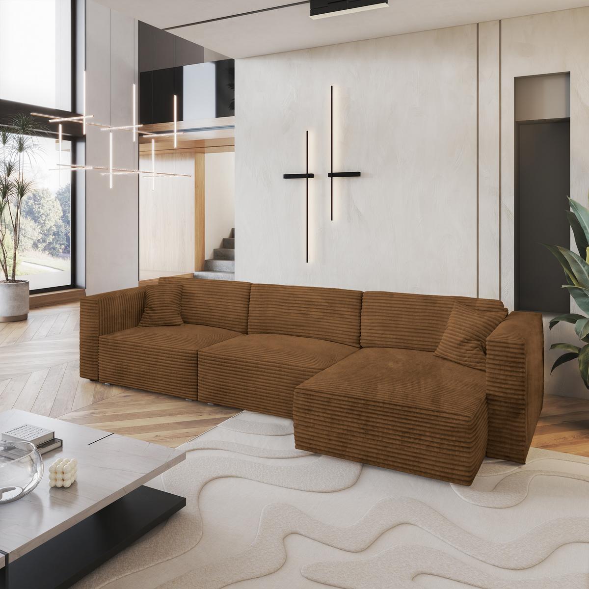 ECKSOFA TOLMO Kupferfarben Kordstoff mit Schlaffunktion - Grau/Kupferfarben, Holz/Kunststoff (347/148cm) - MASSENO