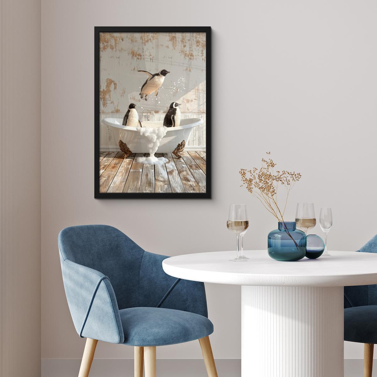 POSTER MIT RAHMEN Vintage - Pinguin - Badewanne - Schaumstoff Bilder mit Rahmen 40x60 cm - Schwarz, Papier (40/60cm) - MuchoWow