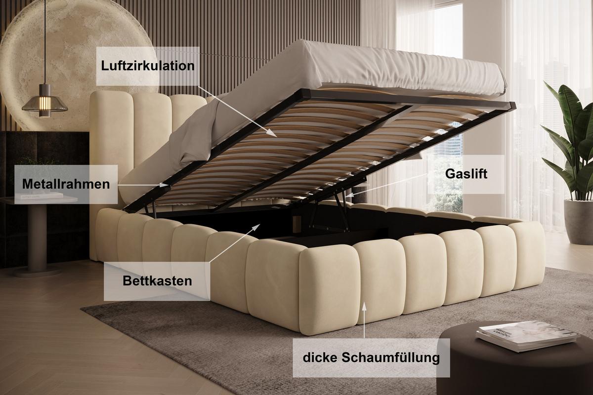 POLSTERBETT Vilo 180x200 mit Bettkasten und Stabilem Metallgestell - Creme, Textil (180/200cm) - Storez24