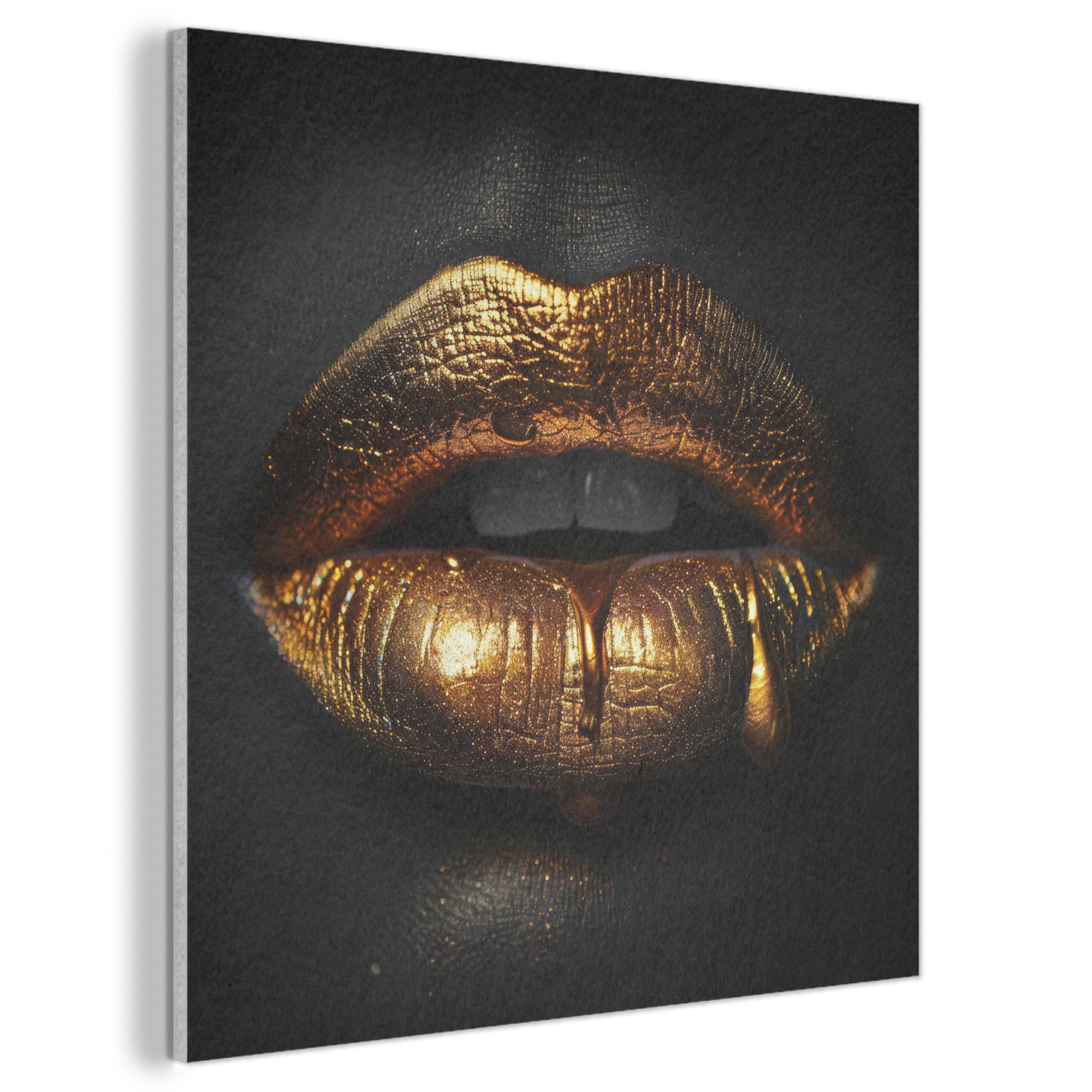AKUSTIKBILD Frau - Porträt - Lippen - Gold - Schwarz Akustikpaneele 80x80 cm - Schwarz, Kunststoff (80/80/0.9cm) - MuchoWow