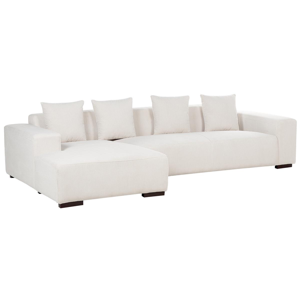 ECKSOFA 4-Sitzer Cord Cremeweiß mit Ottomane rechtsseitig Lungo - Creme/Weiß, Textil (285/160cm) - Beliani