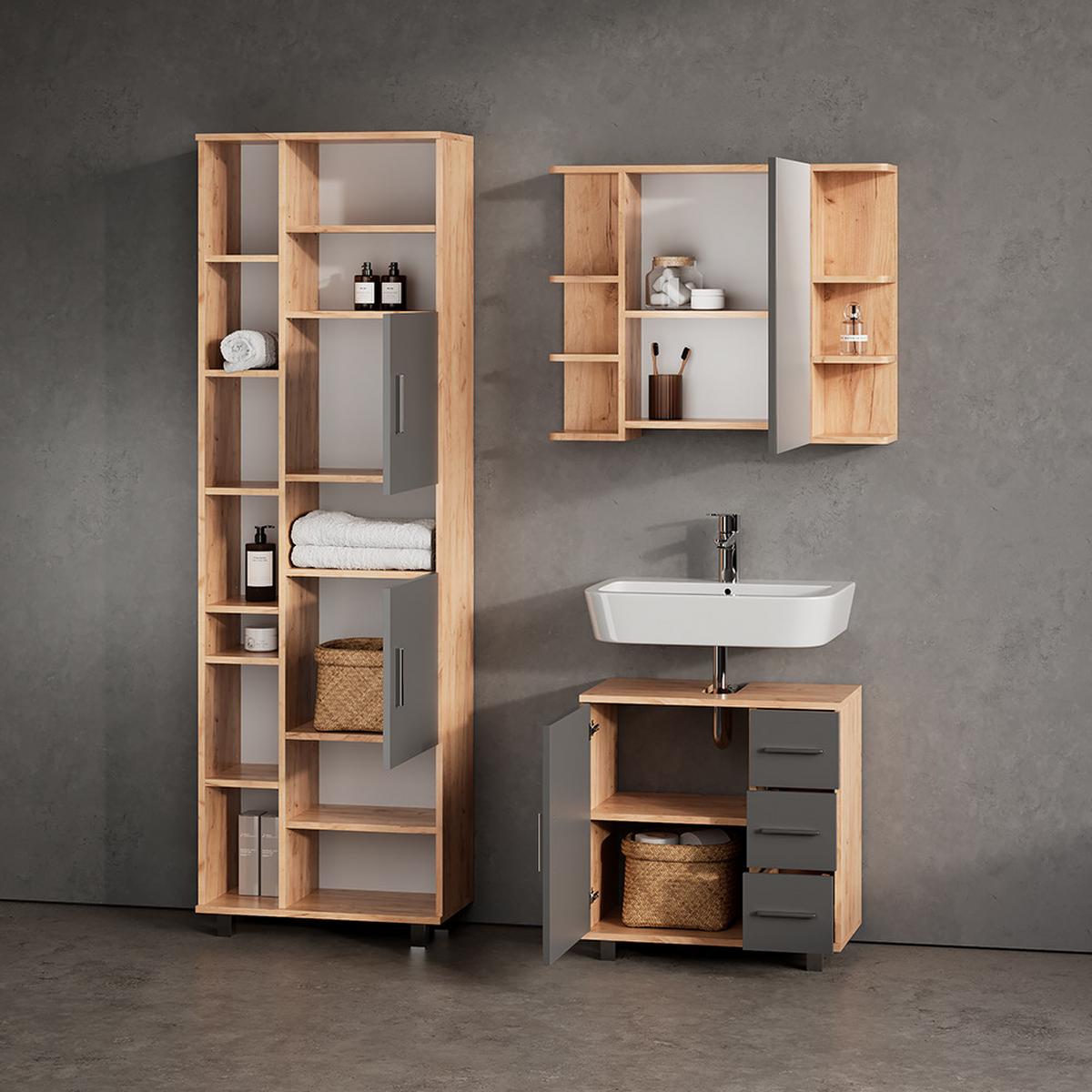 BADMÖBEL-SET Eisak Eiche 3 Teile, mit Unterschrank 60 cm - Eichefarben, Holzwerkstoff (60/60/33cm) - Livinity®